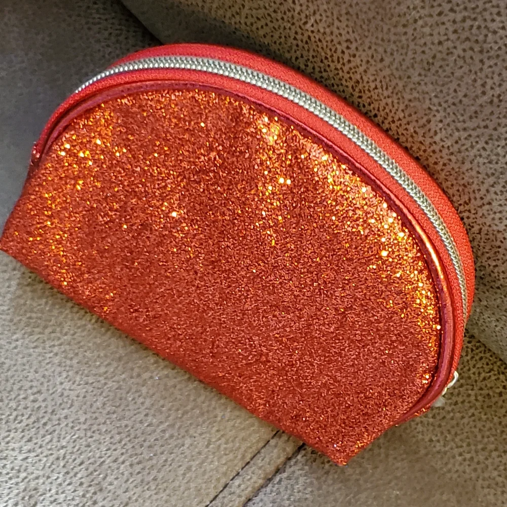 SeneGence red glitter makeup bag with foundation samples